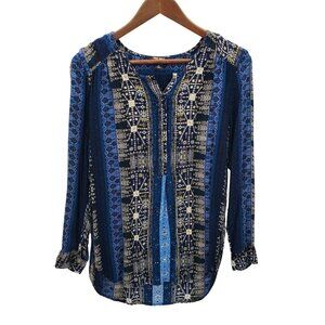 Nine West Womens Boho Lucy Tunic Top Blouse M Roll Tab Sleeve Half Button Blue‎